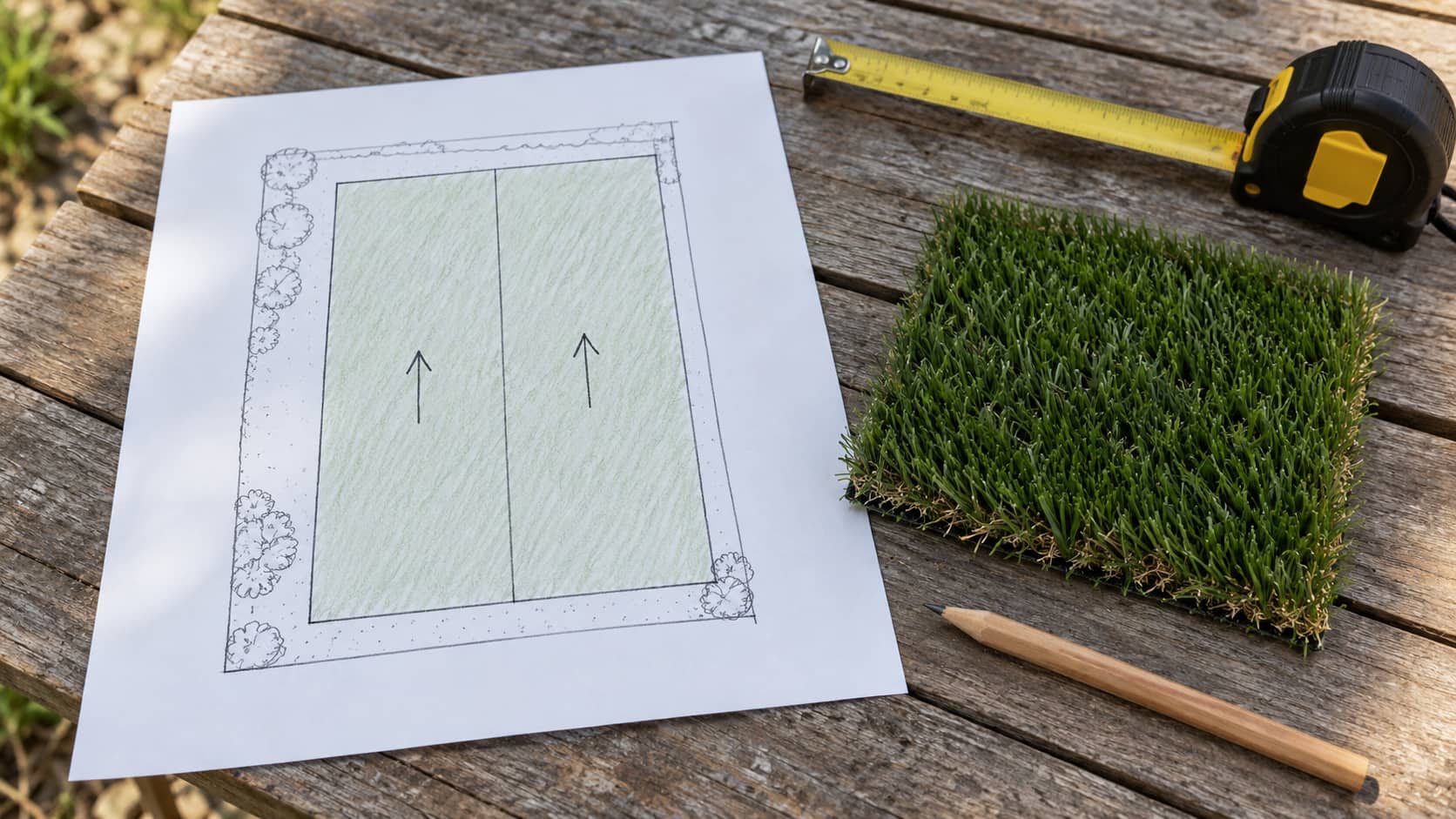 Croquis de deux bandes orientées dans le même sens, avec un échantillon de gazon, un mètre et un crayon