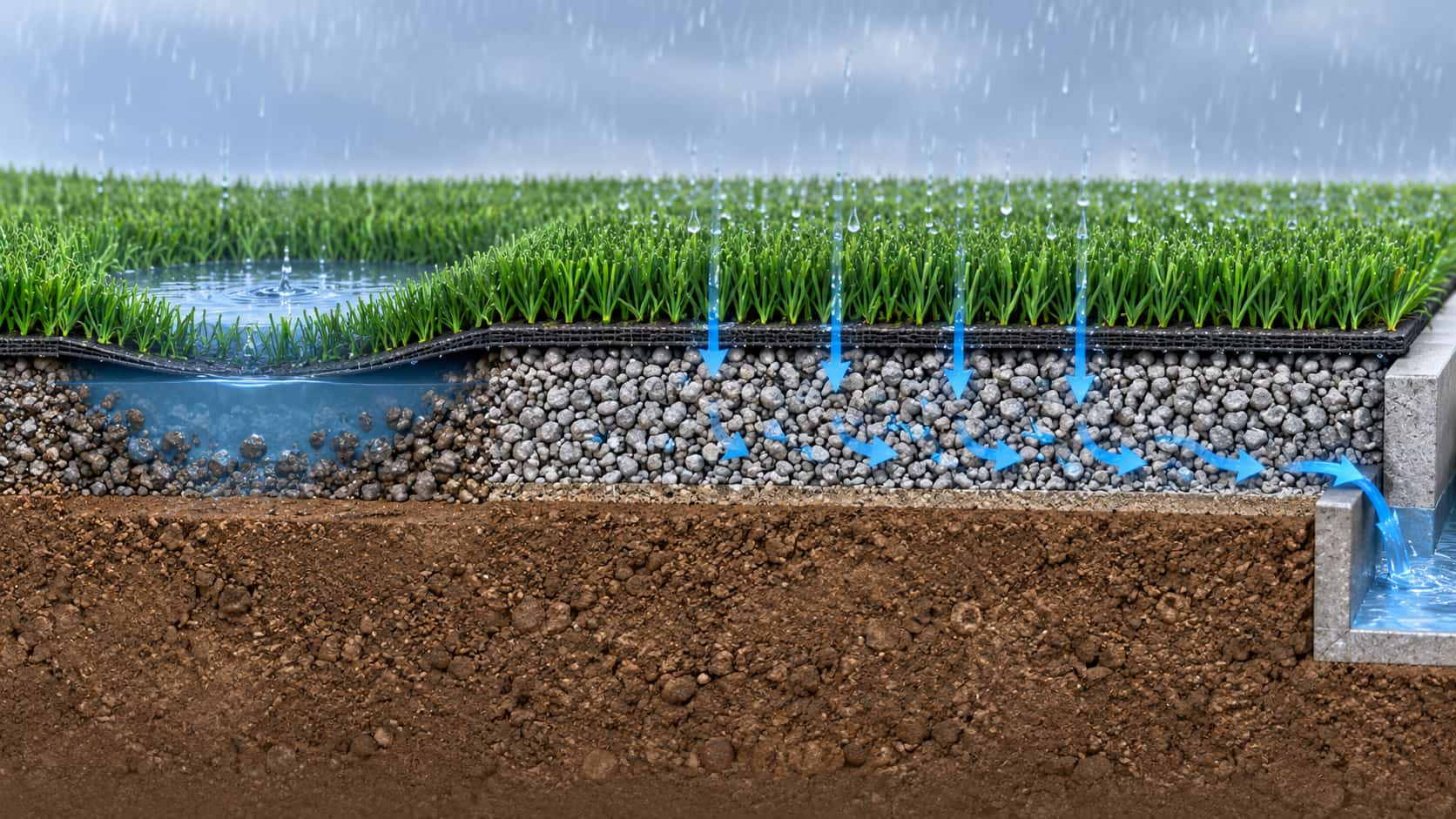 Illustration en coupe du passage de l’eau à travers un gazon synthétique et son support