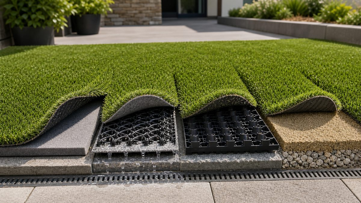 Sous-couches pour gazon synthétique avec mousse confort, géodrainant, DrainPanels et support sable gravier stabilisé