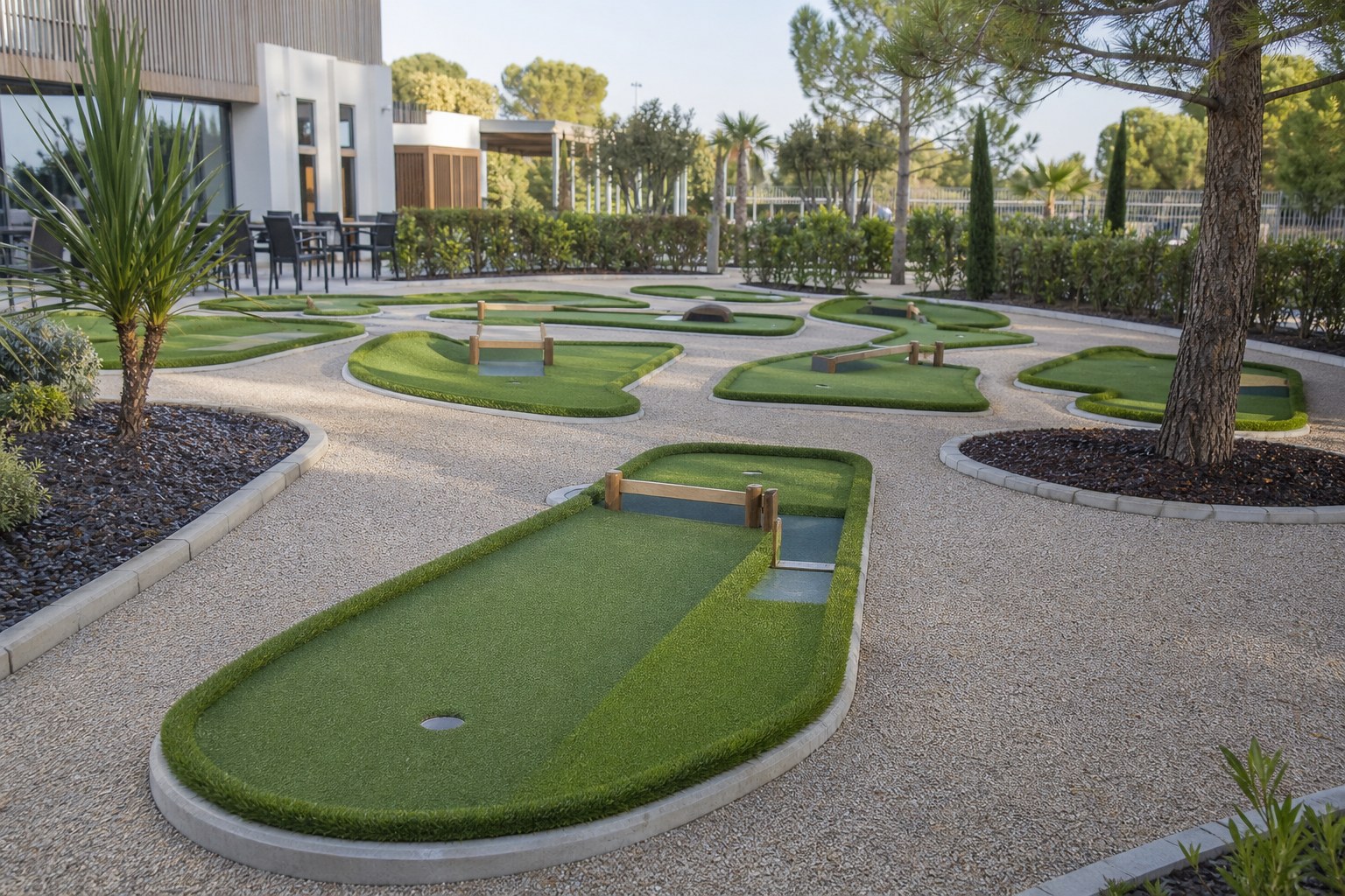 Mini-golf professionnel en gazon synthétique pour camping ou hôtel avec pistes modulables et circulation dégagée