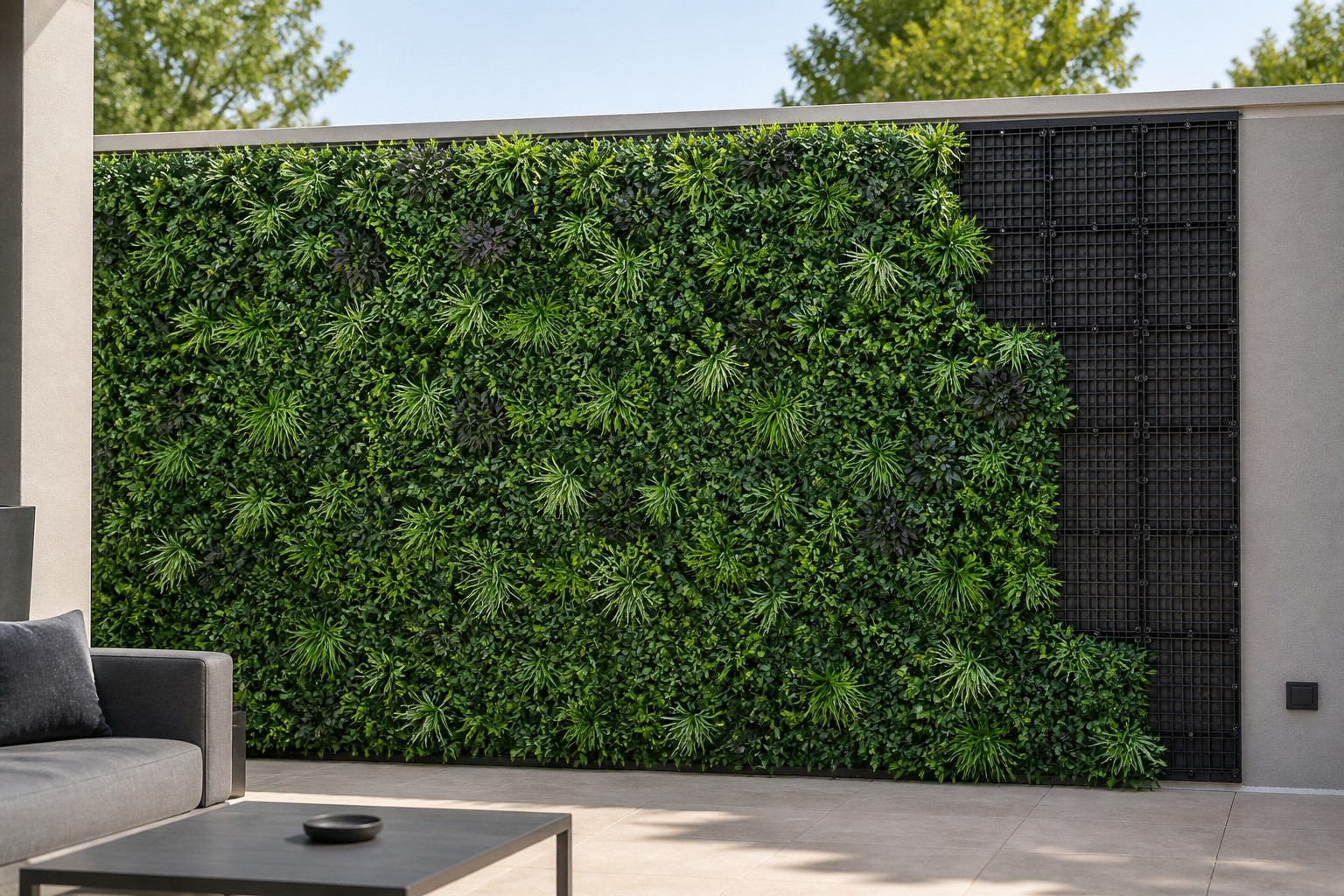 Mur végétal artificiel extérieur sans entretien sur terrasse, détail du support et des fixations