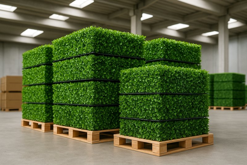 Mur végétal artificiel pas cher – palettes de panneaux feuillage dense en stock dans un entrepôt, volume pro et prix direct pour revendeurs.