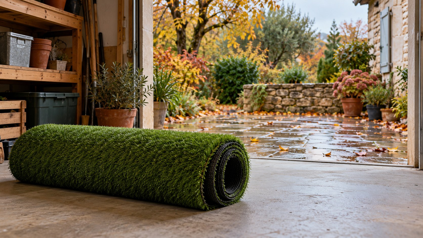 Rouleau de gazon synthétique conservé au sec dans un abri, devant un jardin humide en automne