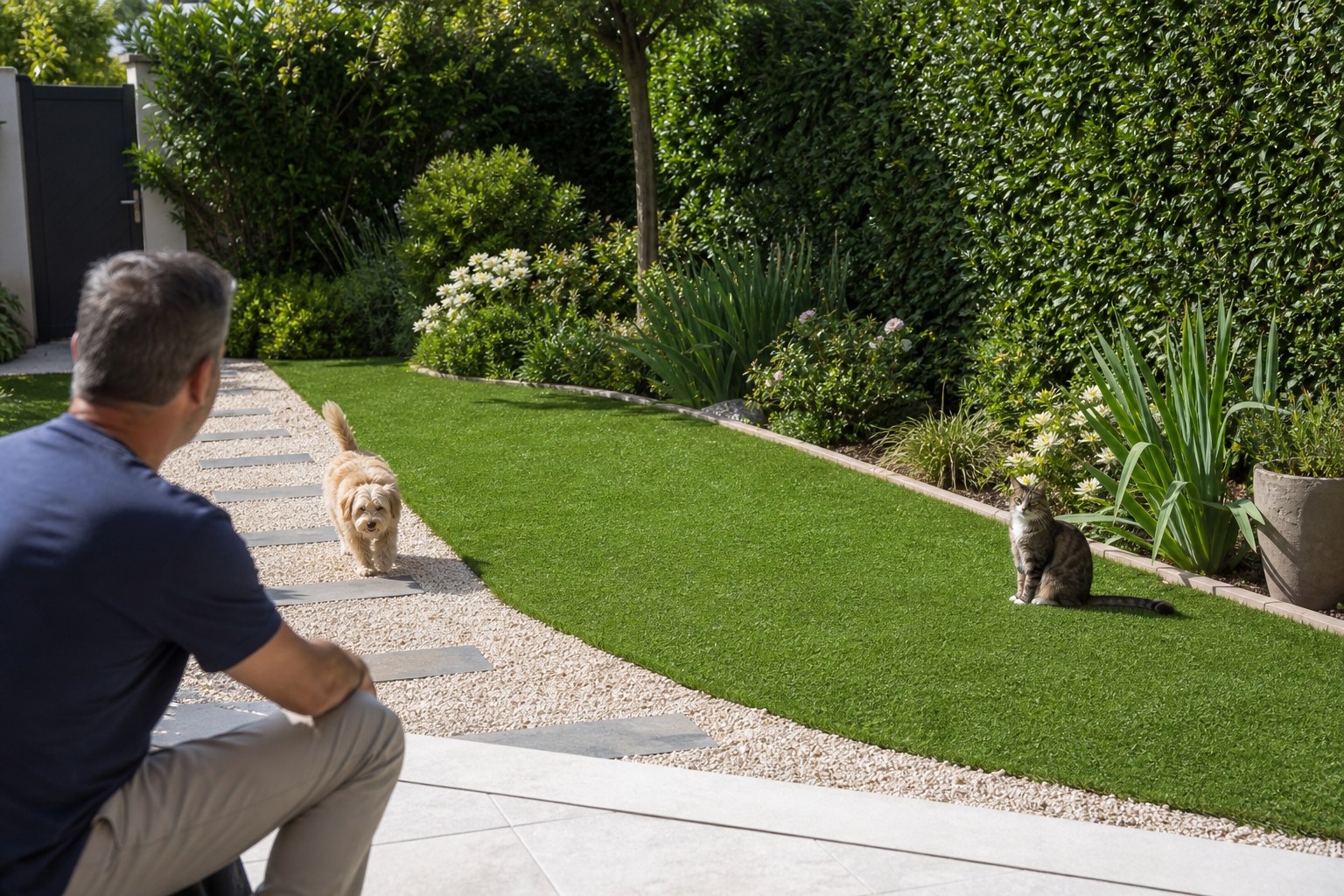 Chien en mouvement et chat au repos dans le même jardin en gazon synthétique