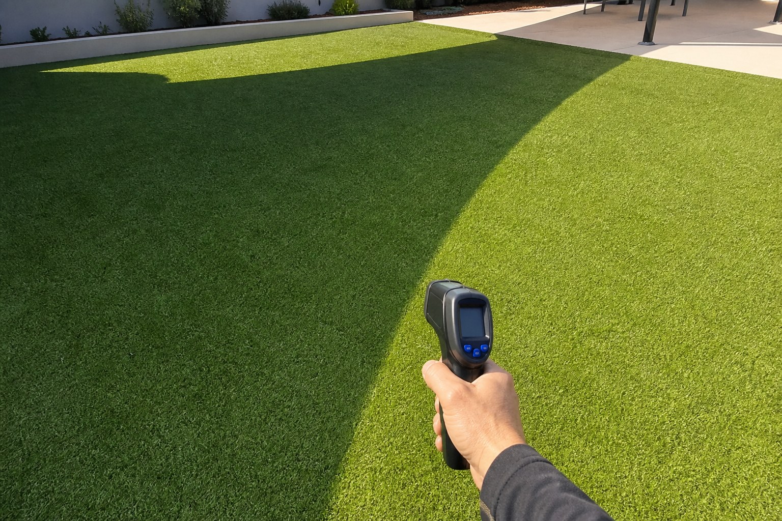Comparaison au thermomètre d’un gazon synthétique en plein soleil et dans une zone ombragée