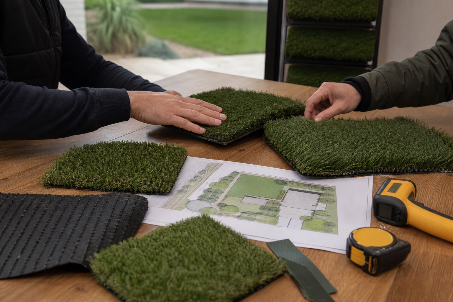 Comparaison de gazons synthétiques, plan du jardin et thermomètre avant achat