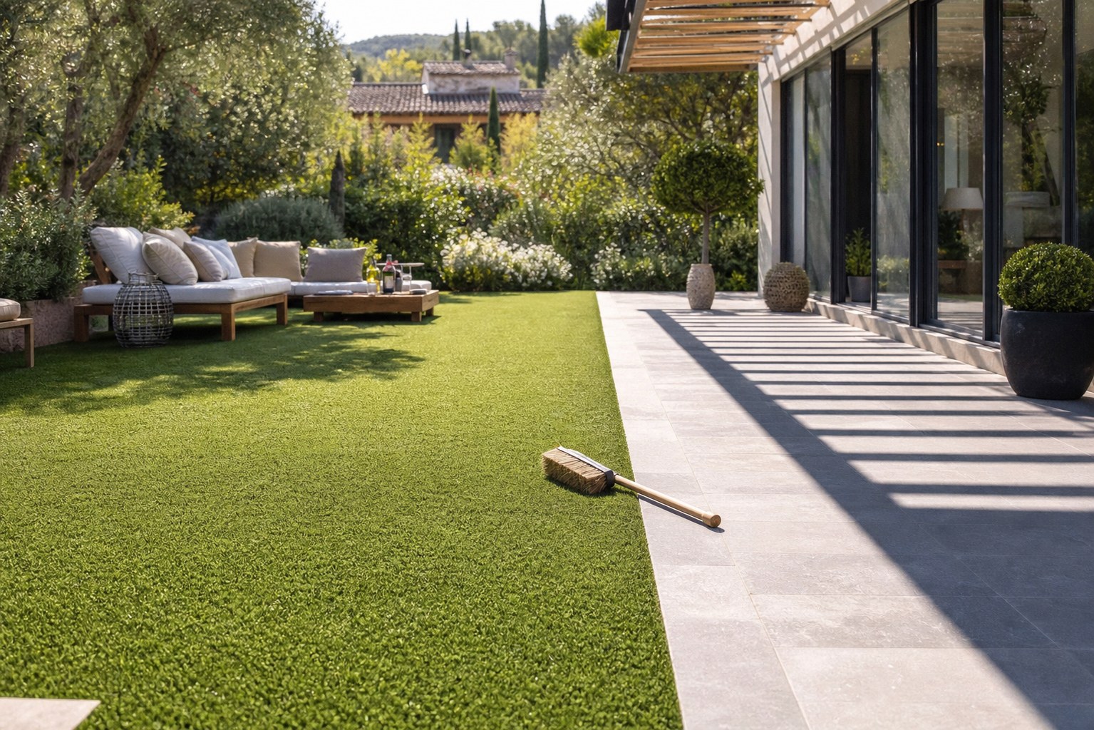 Jardin en gazon synthétique avec zone ombragée, terrasse ensoleillée et balai d’entretien
