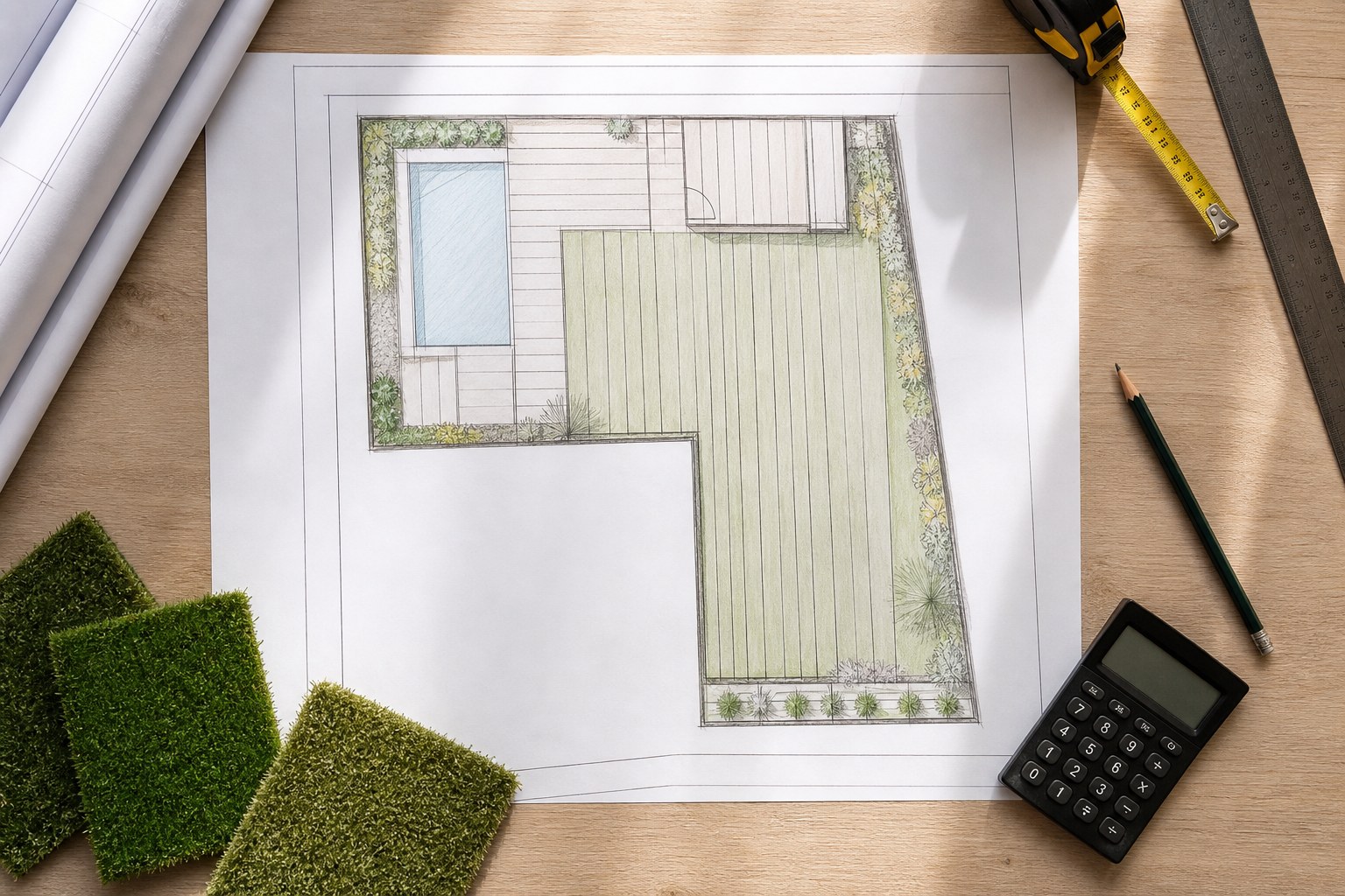 Plan de calepinage d'un jardin en L avec piscine et bandes de gazon orientées