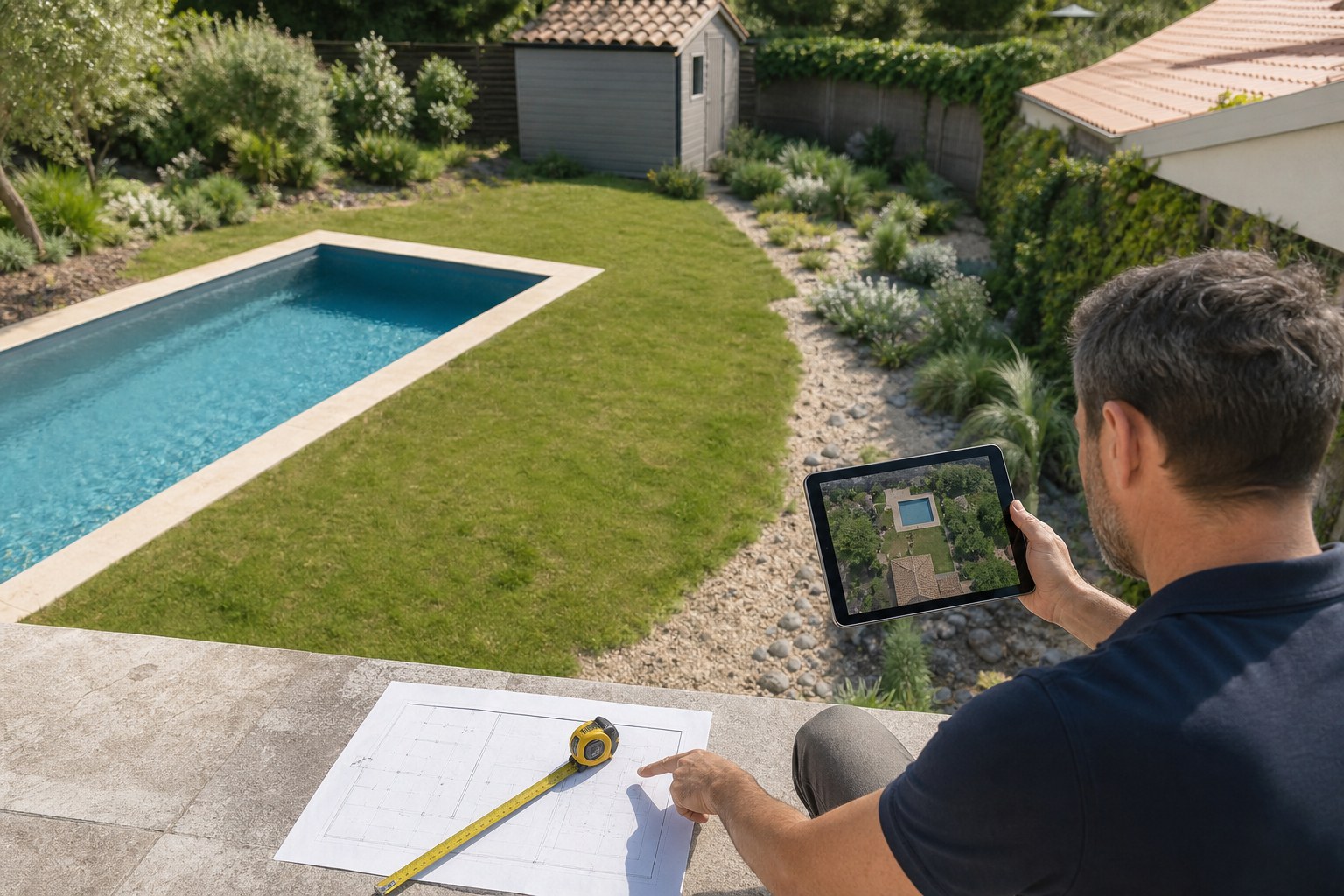 Préparer la mesure d'un jardin avec une vue aérienne, un plan et un mètre ruban