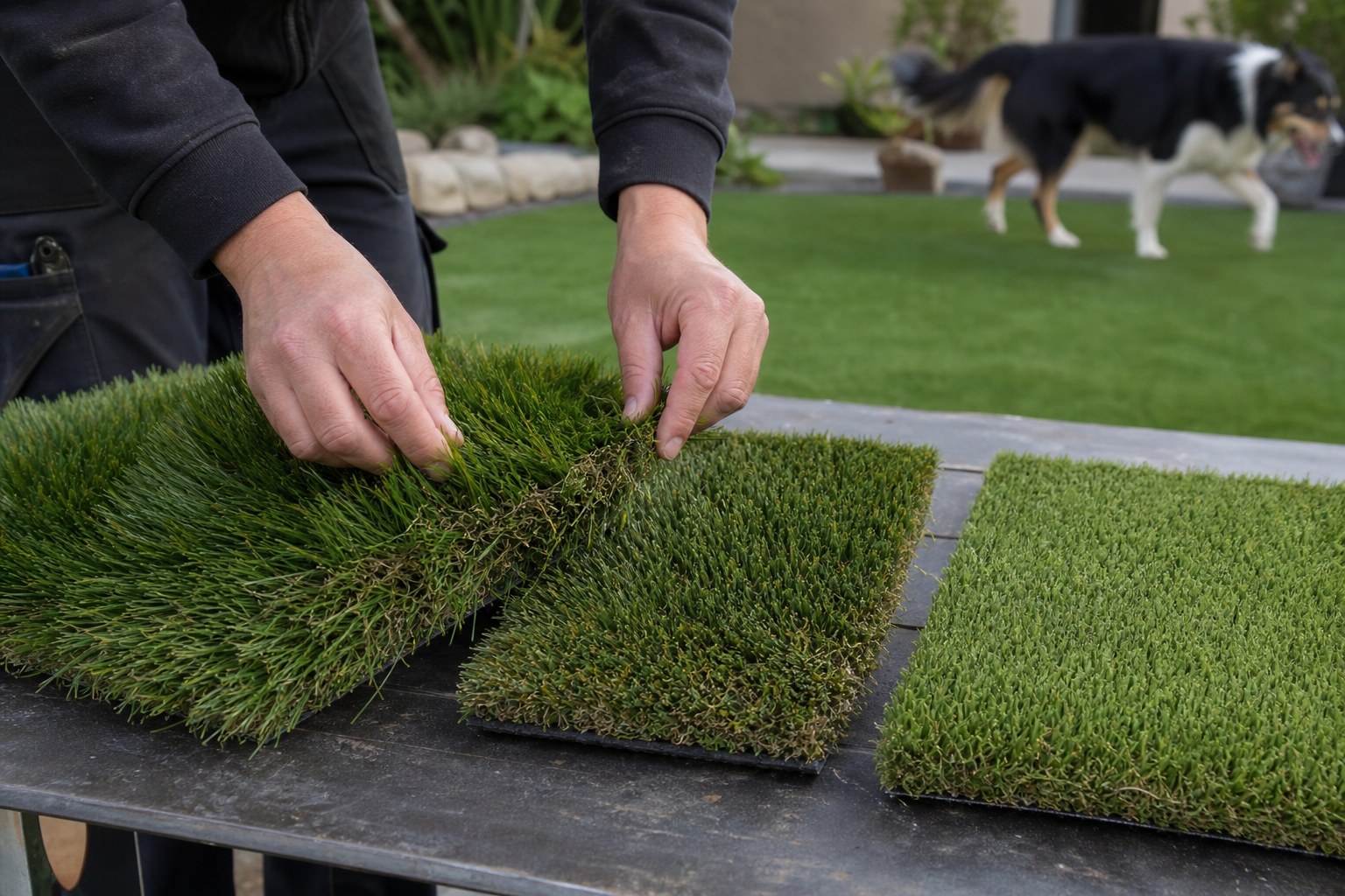 Comparaison manuelle de trois échantillons de gazon synthétique pour un jardin avec chien