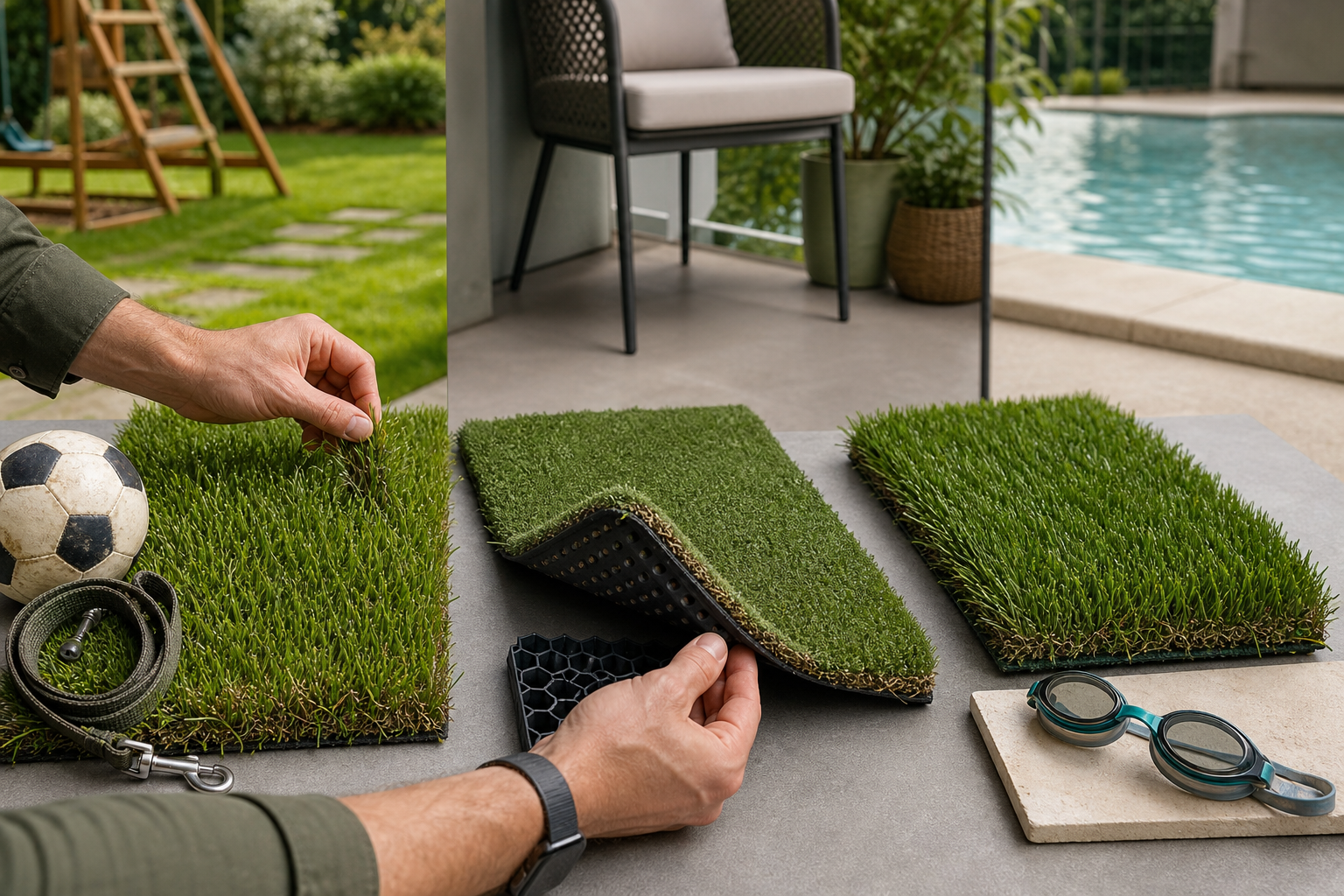 Comparer trois gazons synthétiques selon l’usage : jardin familial, balcon drainant et bord de piscine