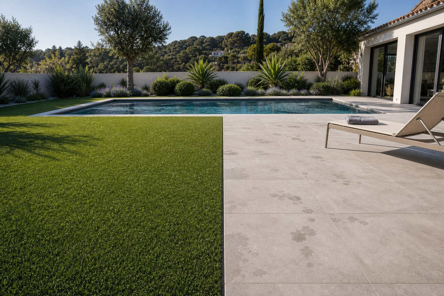Même piscine avec une plage en gazon synthétique à gauche et en carrelage extérieur à droite