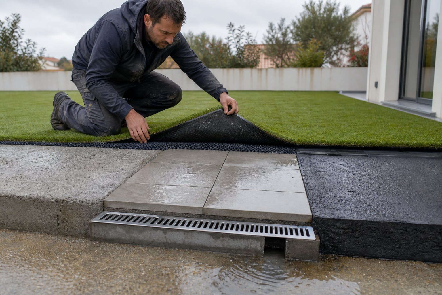 Poseur contrôle le drainage sous un gazon synthétique sur béton, carrelage et bitume