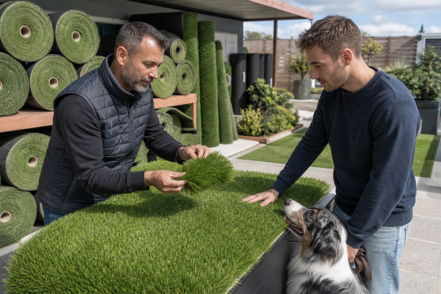 Client avec son chien comparant la densité et la fibre d’un gazon synthétique en showroom