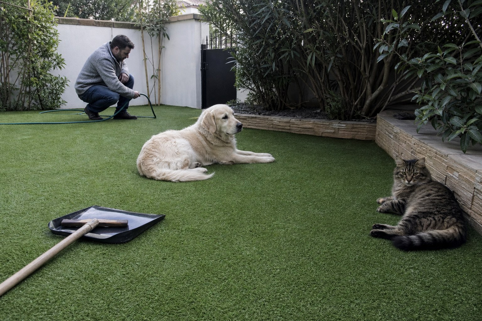 Chien et chat sur un gazon synthétique entretenu dans un jardin utilisé au quotidien