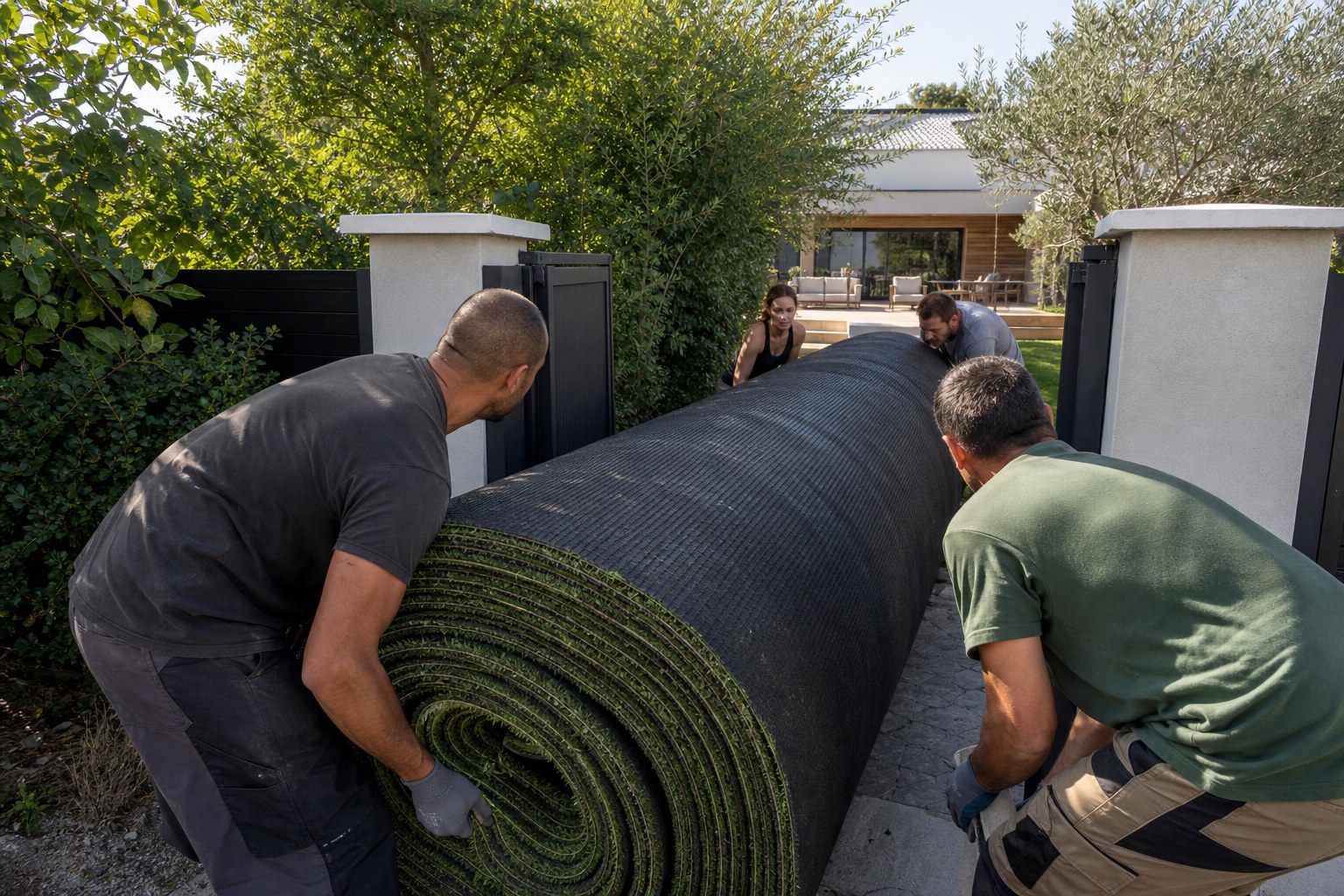 Quatre personnes manutentionnent un rouleau de gazon synthétique de 4 m dans un accès de jardin étroit