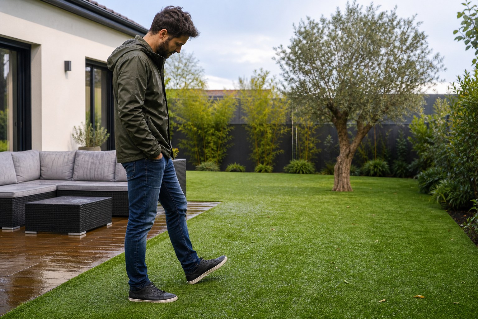 Contrôle d’un gazon synthétique encore humide dans un jardin après une averse