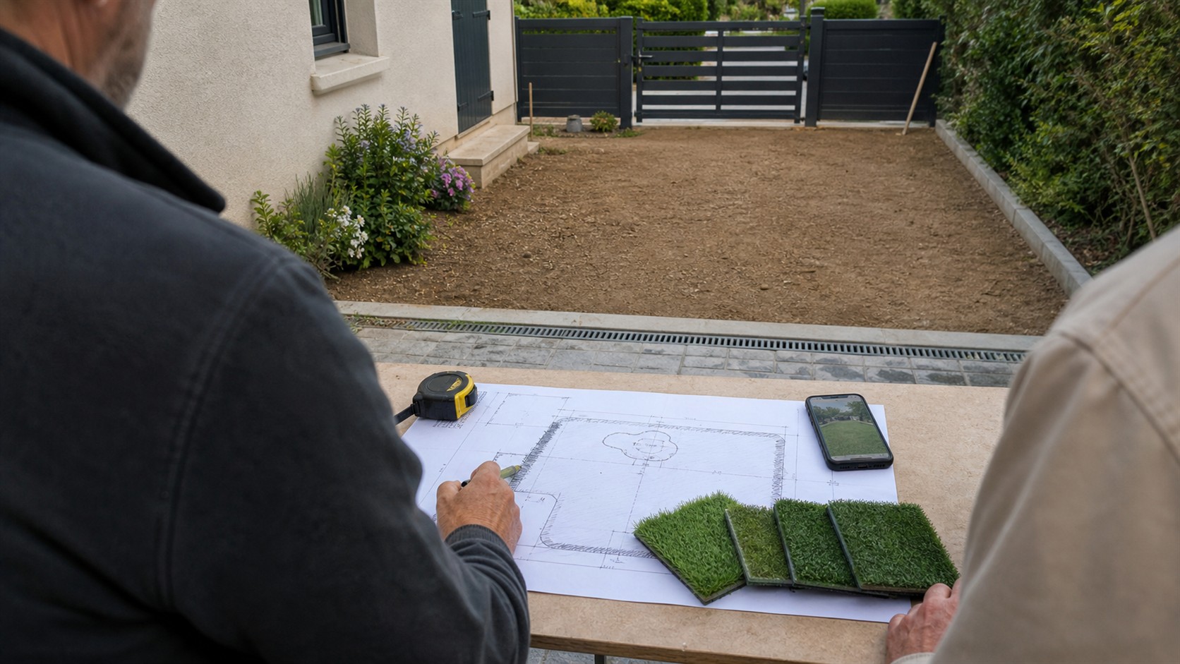 Préparation d'un projet de gazon synthétique avec plan, mesures, support et échantillons