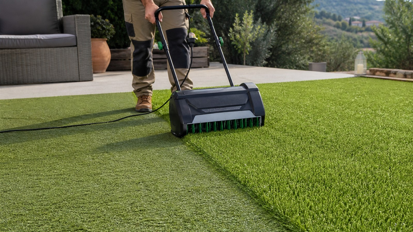 Brosseuse électrique redressant les brins couchés d’un gazon synthétique après le retrait d’un mobilier de terrasse