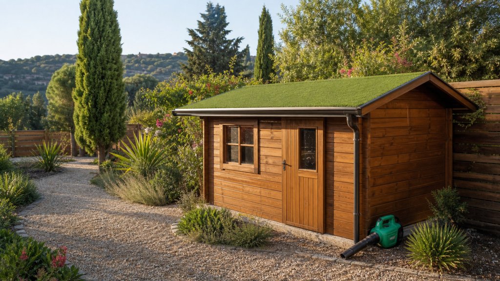 Abri de jardin avec toiture décorative recouverte d’un gazon synthétique court