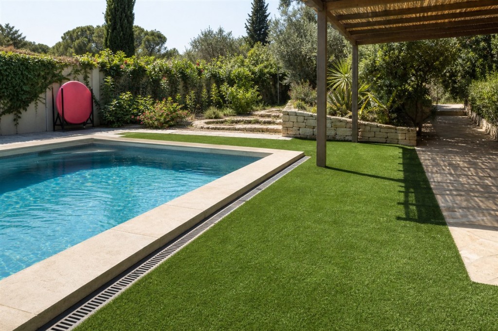 Gazon synthétique autour d’une piscine avec caniveau de drainage et passage ombragé