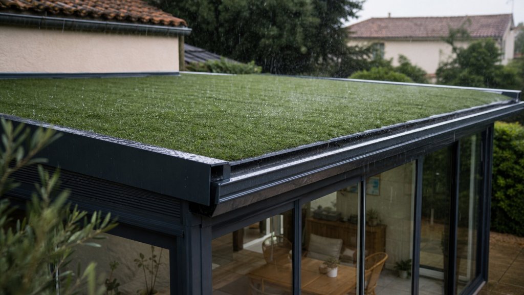 Gazon synthétique court posé sur un toit de véranda pour amortir le bruit de la pluie