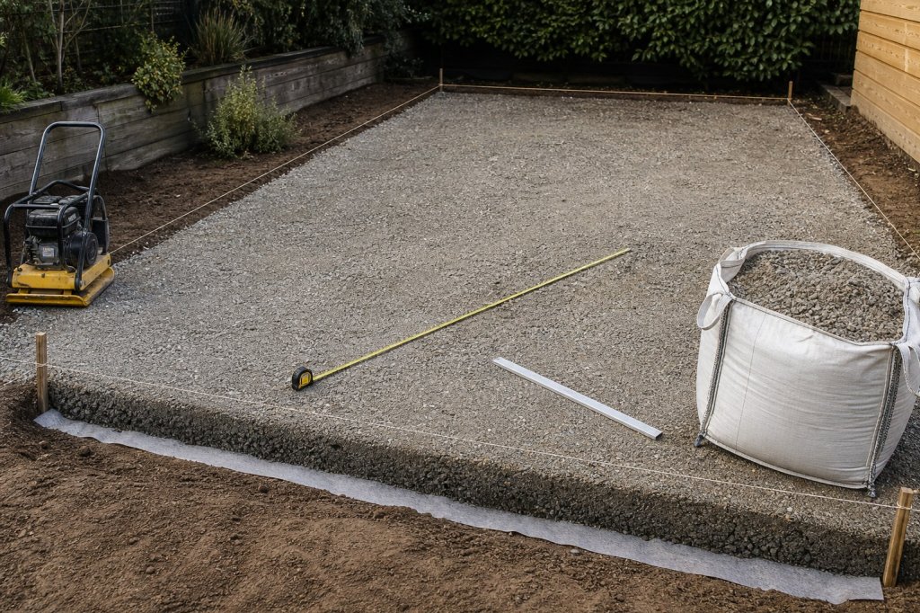 Terrain mesuré avant gazon synthétique avec agrégat compactable, géotextile et big bag