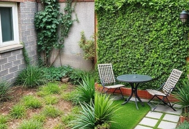 Petit jardin, grand changement : gazon synthétique et mur végétal à la rescousse