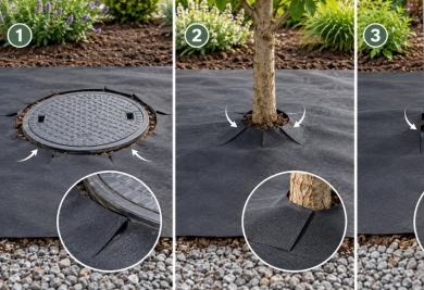 Géotextile autour d’un regard, d’un arbre ou d’un tuyau : découper sans créer de faiblesse