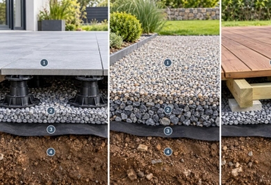 Géotextile sous une terrasse sur terre : où le placer sous plots, gravier ou lambourdes ?